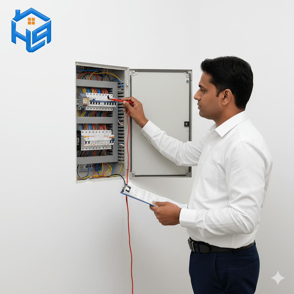 Electrical safety inspection in gurugram apartment Home inspector testing electrical switchboard and wiring safety during pre-possession inspection in a gurugram apartment.