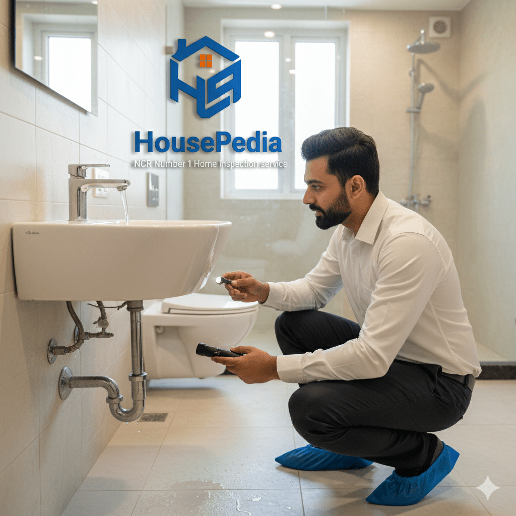 Plumbing inspection before possession in gurugram flat Inspector testing bathroom plumbing and drainage for leaks during pre-possession home inspection in gurugram flat.