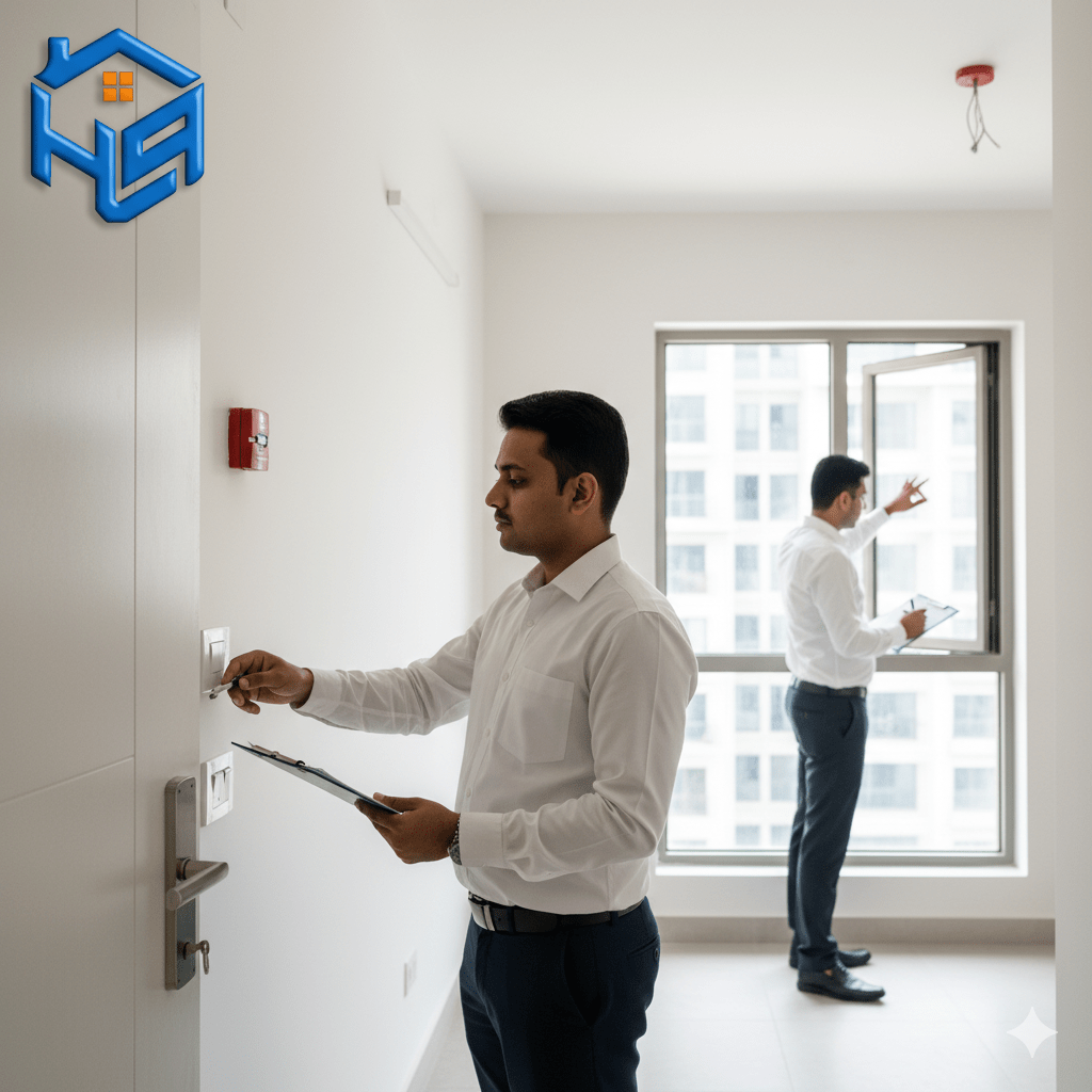 Pre-possession fixtures & safety inspection in gurugram flat Inspector checking doors, windows, and safety features like locks and fire alarms during pre-possession inspection in a gurugram apartment.