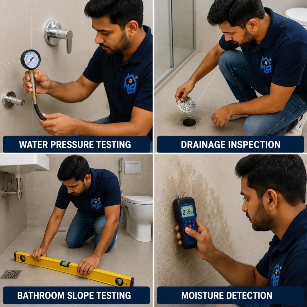 Bathroom plumbing inspection in gurgaon by housepedia expert checking water pressure, drainage slope, and moisture issues.