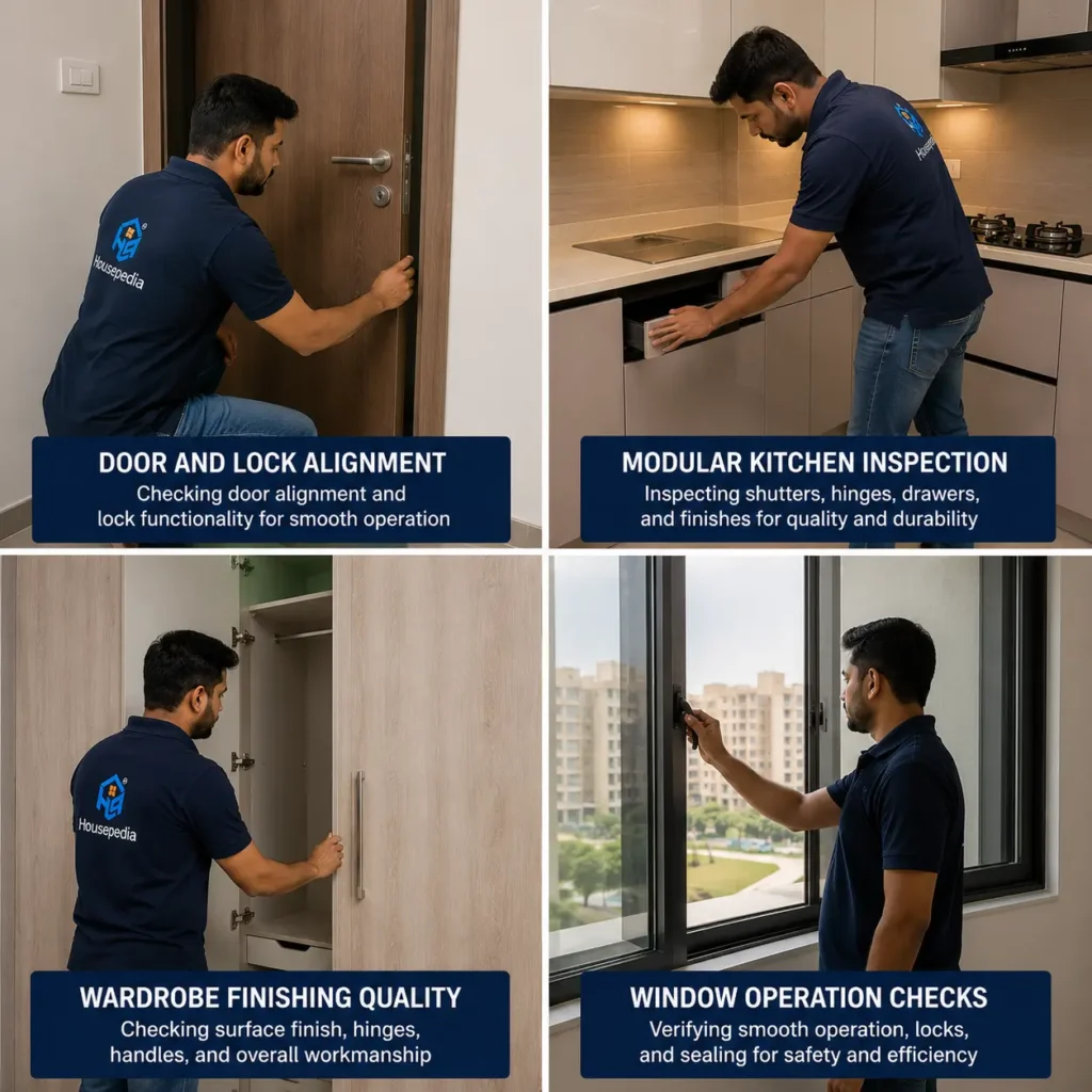 Housepedia inspector checking door lock alignment, modular kitchen quality, wardrobe finishing, and window operation in a new flat inspection
