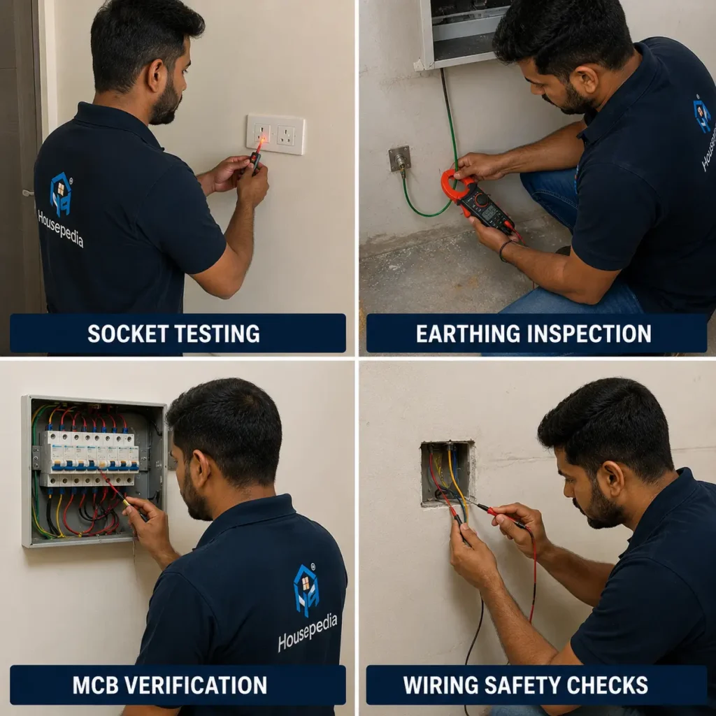 Electrical inspection in gurgaon showing socket testing, earthing inspection, mcb verification, and wiring safety checks by housepedia experts.