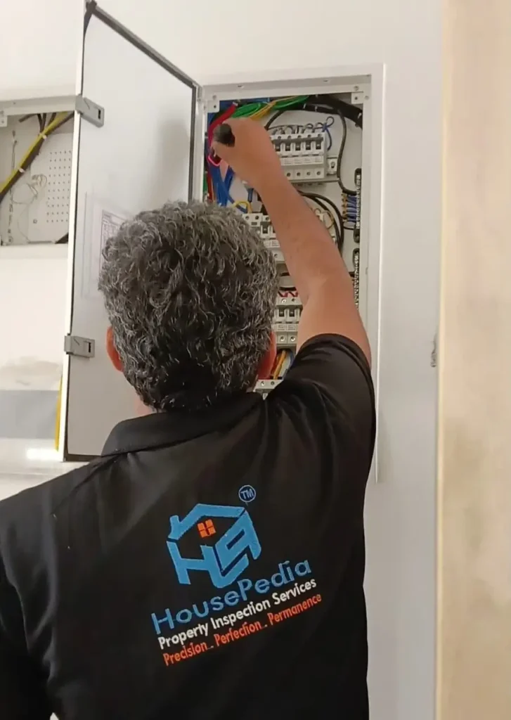 Housepedia inspector checking mcb distribution board, wiring connections, and electrical safety systems inside a residential property.