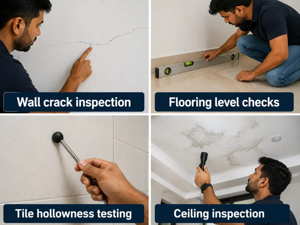 Housepedia inspector performing wall crack inspection, flooring level checks, tile hollowness testing, and ceiling inspection in a new flat in gurgaon