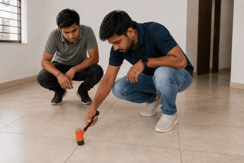 Hollow tile inspection using hammer sound testing during property