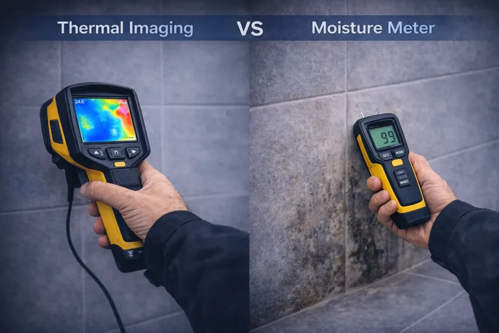 Thermal scanning vs moisture meter used for water leakage detection service to identify hidden seepage in walls and floors
