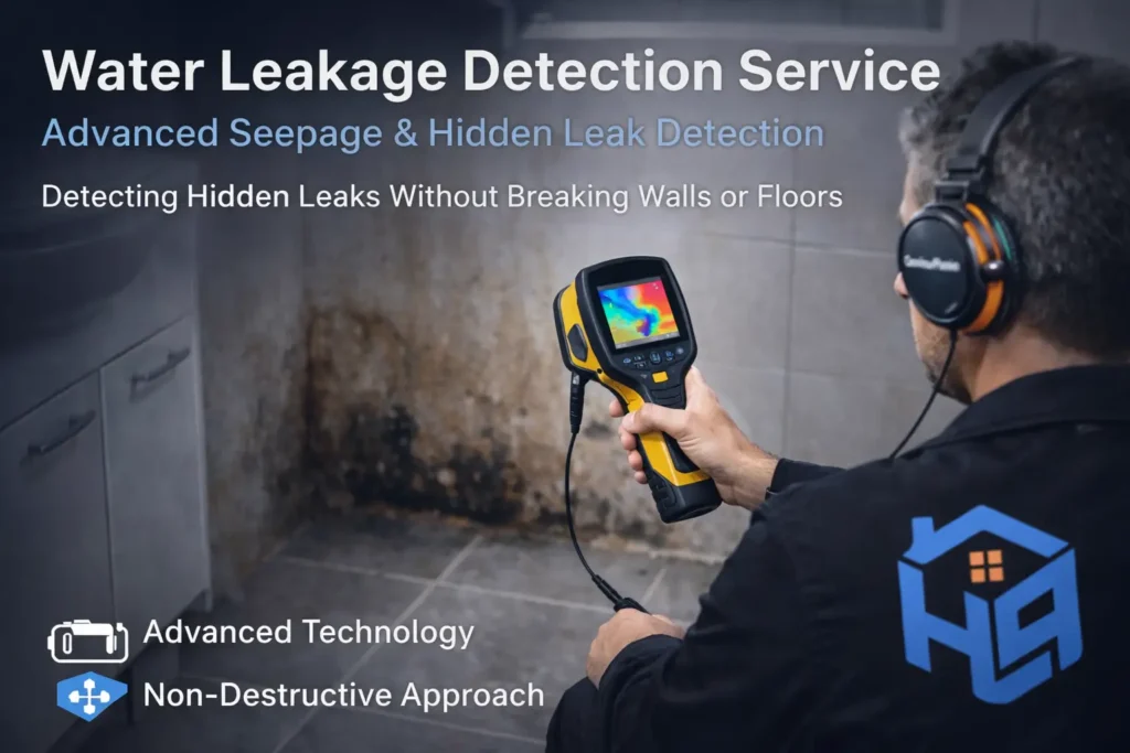 Housepedia technician performing water leakage detection using infrared thermal camera to identify hidden seepage without breaking walls in delhi ncr