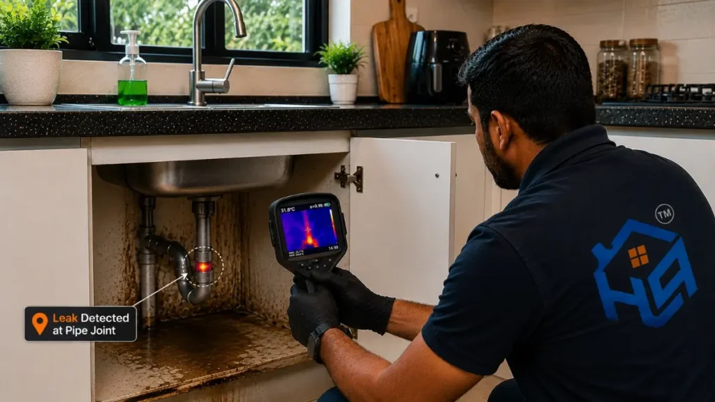 Water leakage detection service using thermal camera to identify hidden kitchen pipe leakage in delhi ncr