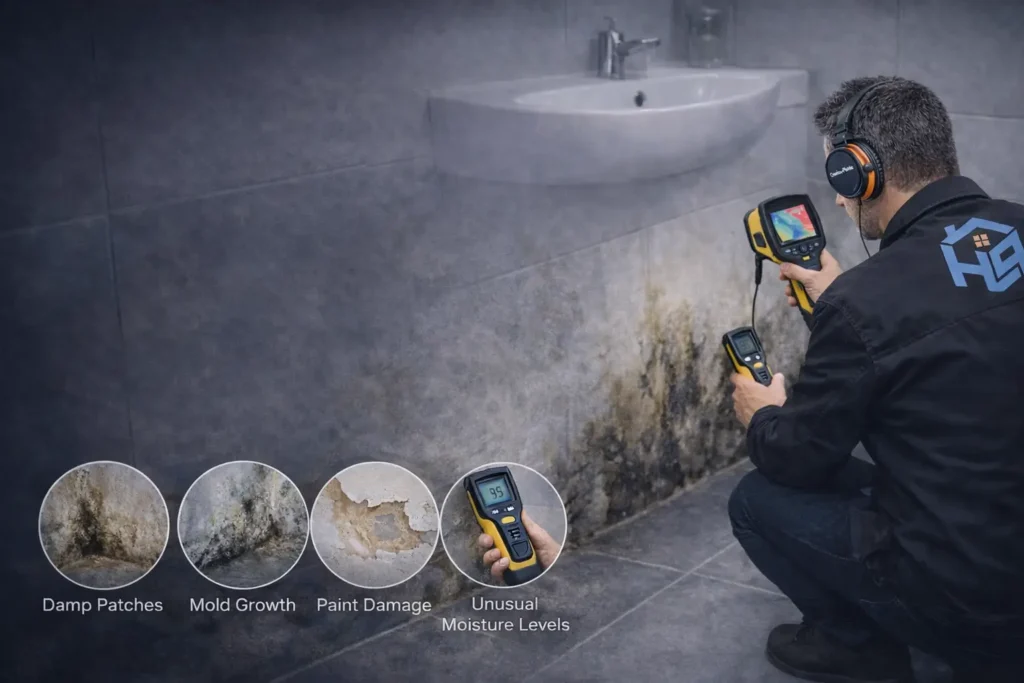 Water leakage and seepage detection using thermal imaging and moisture meter to identify hidden leaks inside walls and floors