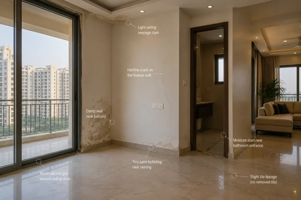 Luxury apartment in delhi ncr showing hidden construction defects including damp walls, wall cracks, ceiling seepage, uneven floor tiles, bathroom moisture and poor window sealing before home inspection.
