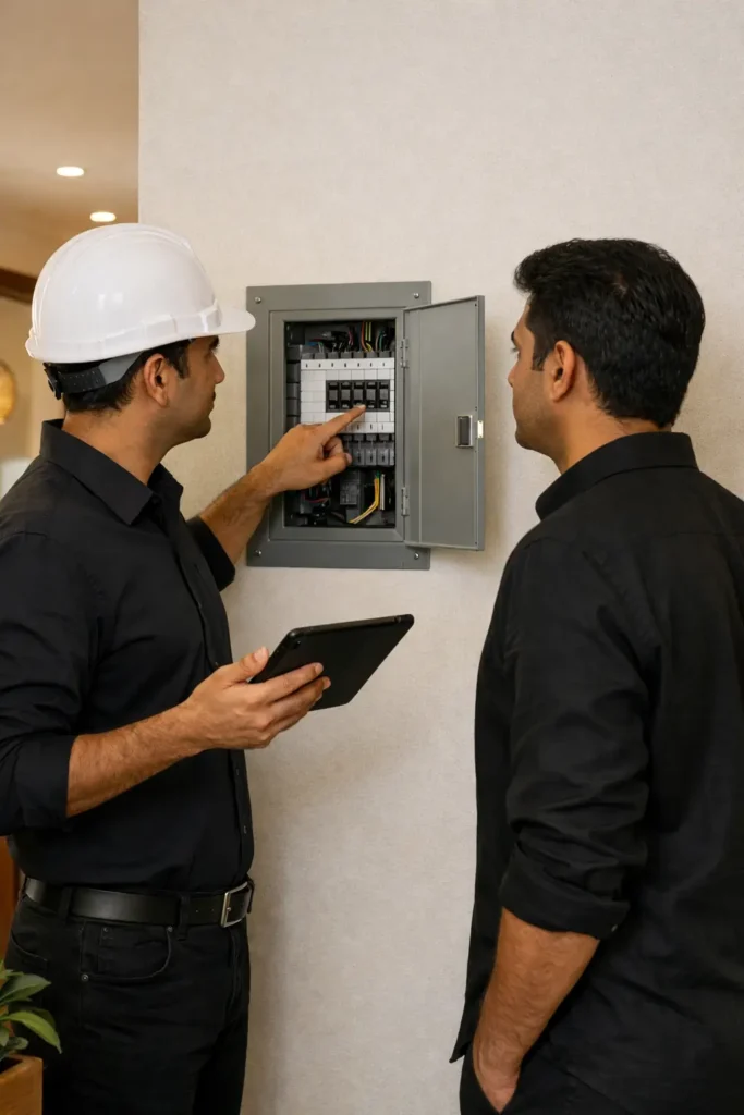 Electrical safety inspection being explained to a homeowner during a professional property inspection in an indian home