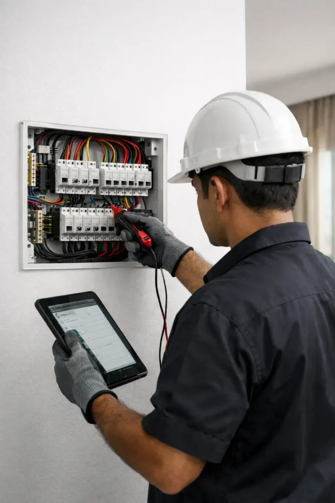 Electrical safety inspection of a home electrical panel using a tester and tablet in a modern indian apartment