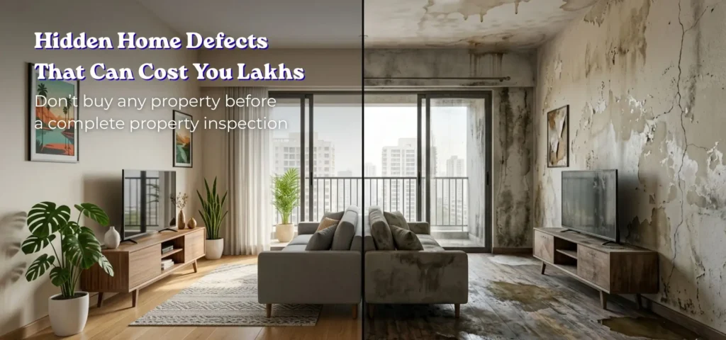 Hidden home defects like dampness cracks and water leakage in apartment revealed during complete property inspection